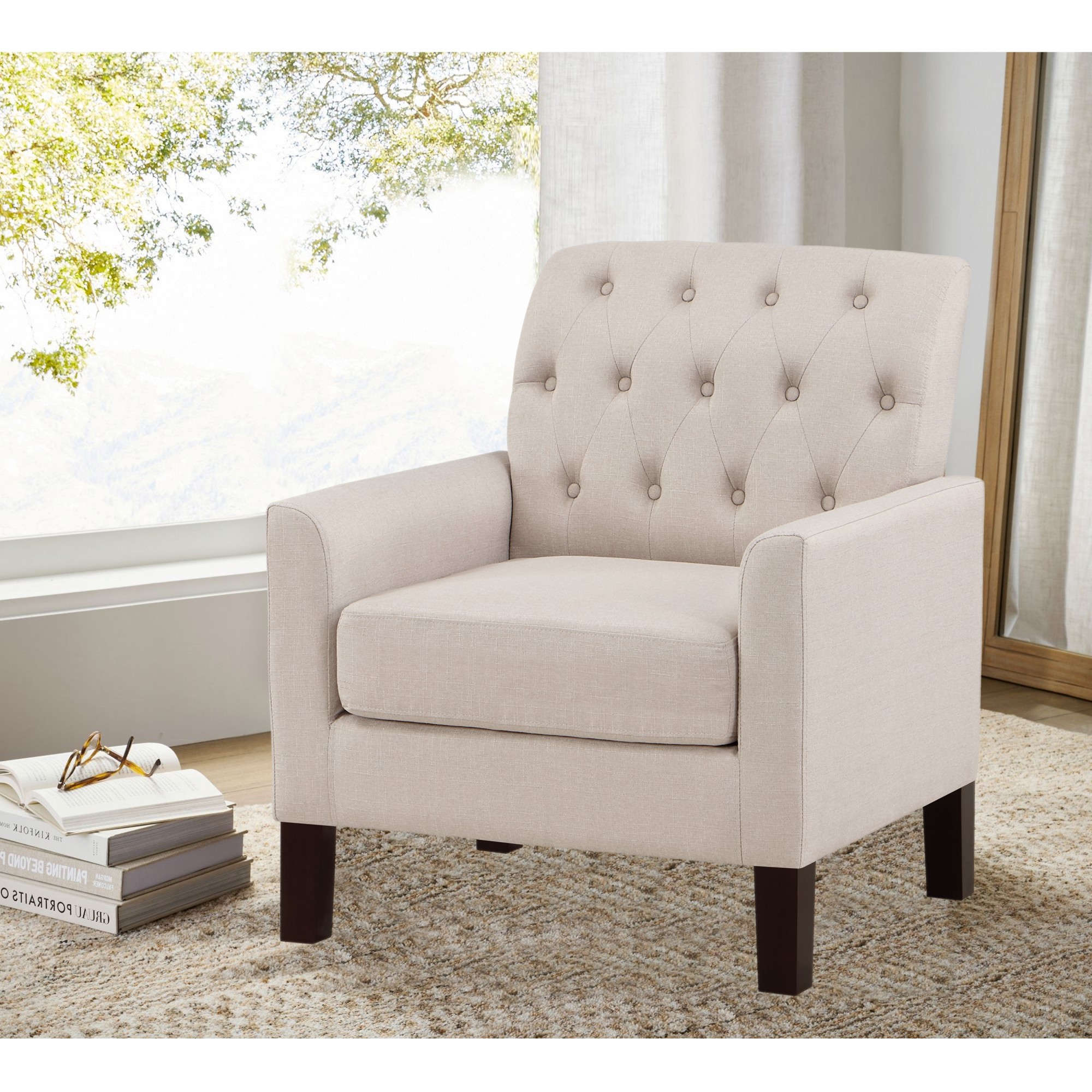 Gewnee Beige 30” Linen Accent Armchair, Solid Rubberwood Legs, Suitable for Living Room & Balcony