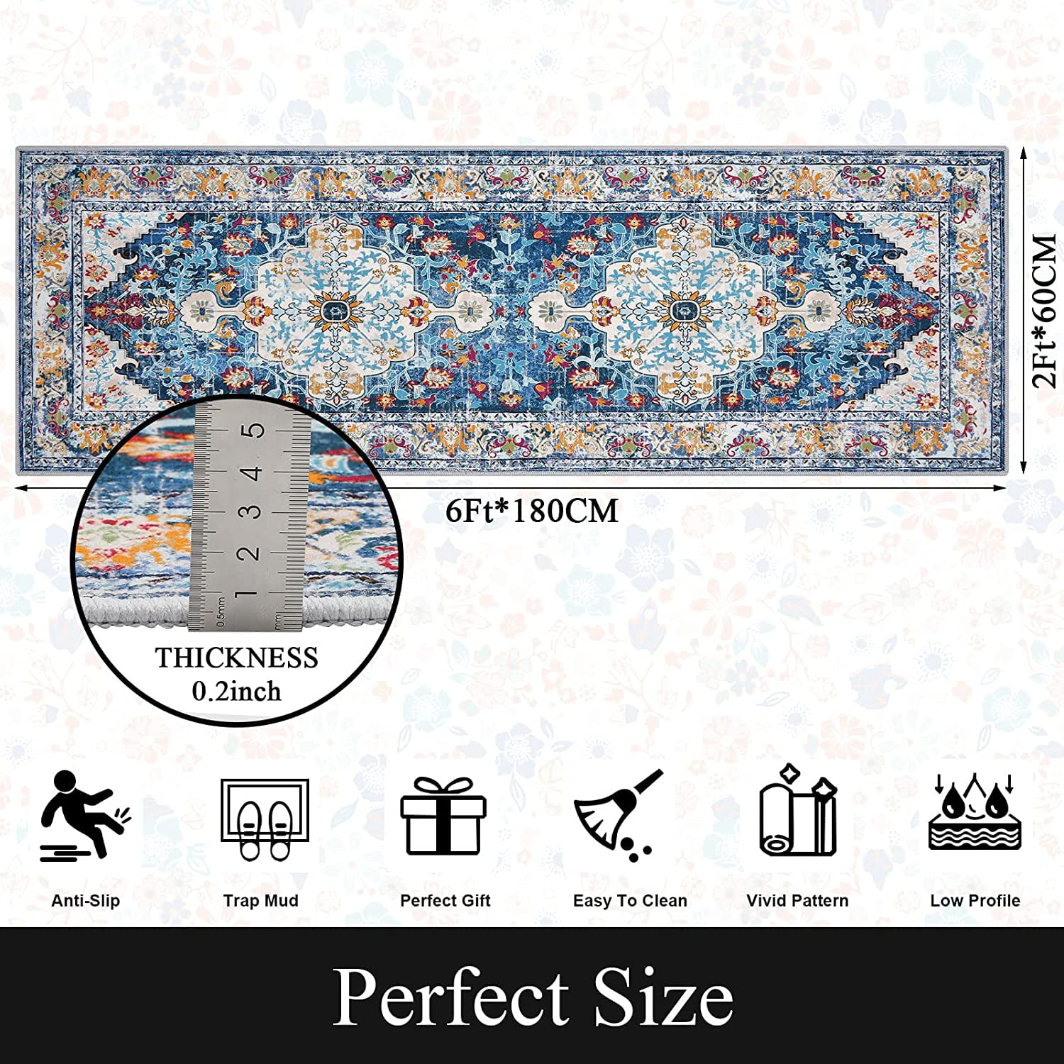 Findosom 2'x6' Vintage Boho Runner Rug Washable Non-slip Area Rug,Hallway Indoor Farmhouse Bedroom Kitchen Living Room Non Shedding Runner, Contemporary Low Plie Floor Carpet Doormat,Blue