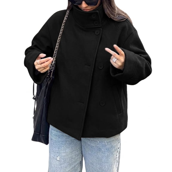 PUWEI Women's Casual Cropped Peacoat Wool Blend Single-Breasted Fall Winter Short Jacket Outwear