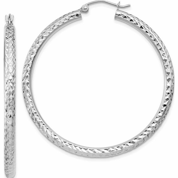 10K White Gold Diamond-Cut 3mm Round Hoop Earrings (40 X 45.5) Made In Peru 10tc258