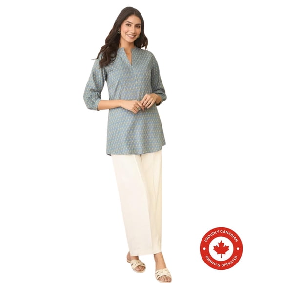 DWEEP SARA Women’s Grey Cotton Blend Floral Printed Short Kurti / Tunic – Casual & Office Wear | 3/4 Sleeves | Lightweight & Breathable Fabric, S/36