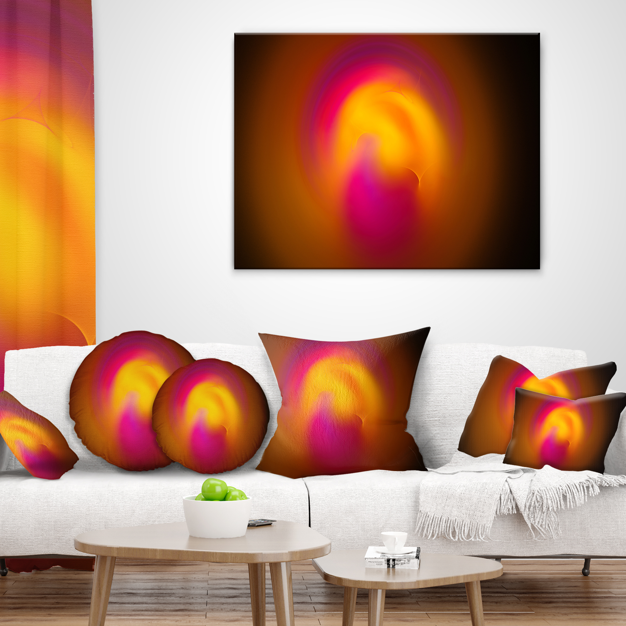 Designart Yellow Pink Misty Sphere on Black - Abstract Throw Pillow - 16x16