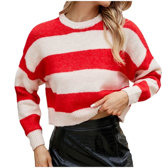 UAMVSH Sweaters for Women Striped Fall Fashion Casual Crewneck Long Sleeve Sweater Crop Knit Pullover Top