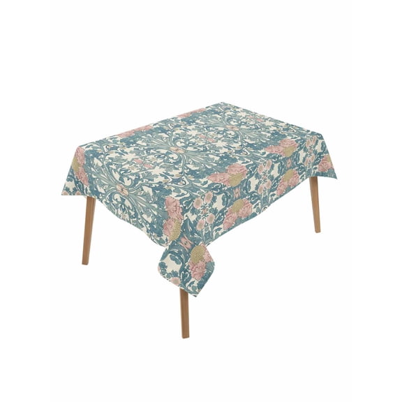 Teal Pink Rectangle Tablecloth, Vintage Floral Watercolor Boho Ethnic Waterproof & StainResistant Tablecloth, Washable Oil-proof Table Cover for Dining/Party/Wedding/Camping/Buffet 60x84 In
