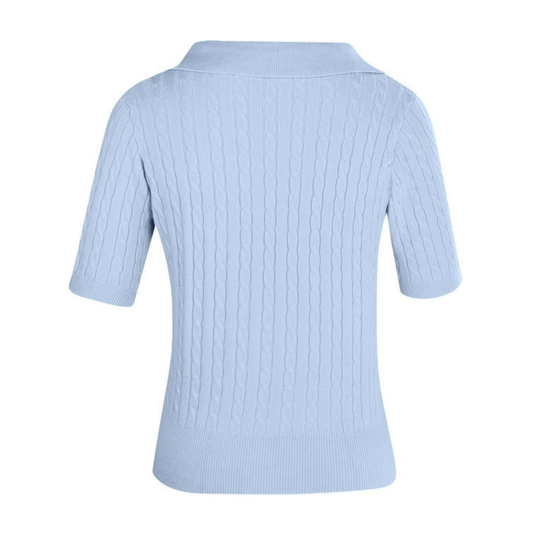 ◆SATUR◆ Fez cable collar half knit shirt sky blue SA242MKC Fsqjgq Women's Cable Knit Short Sleeve Sweaters Tops Solid