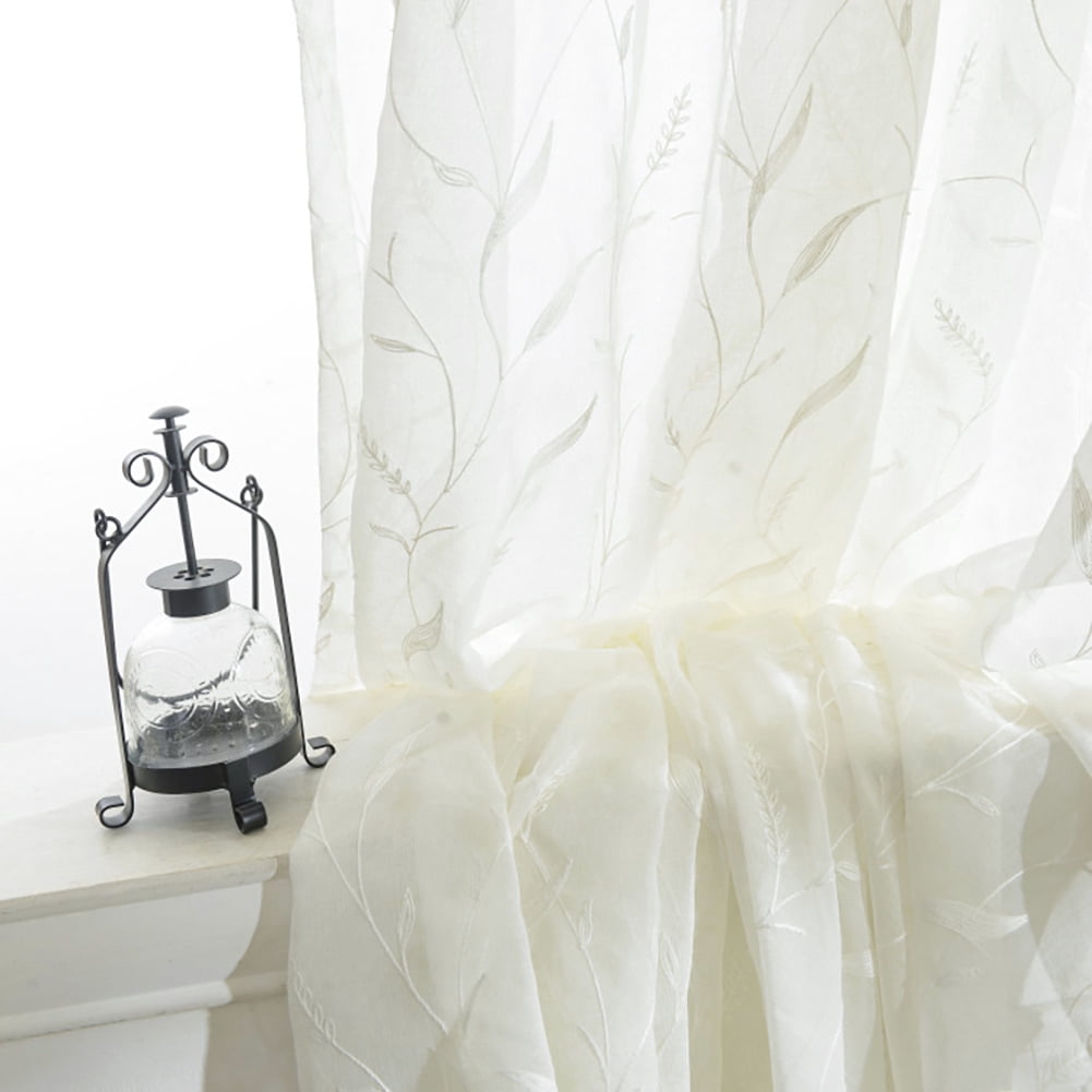 VOGOL Rod Pocket White Embroidered Sheer Curtains, Breathable Voile Drapes Window Treatment for Bedroom Living Room, 52W x 63L inches