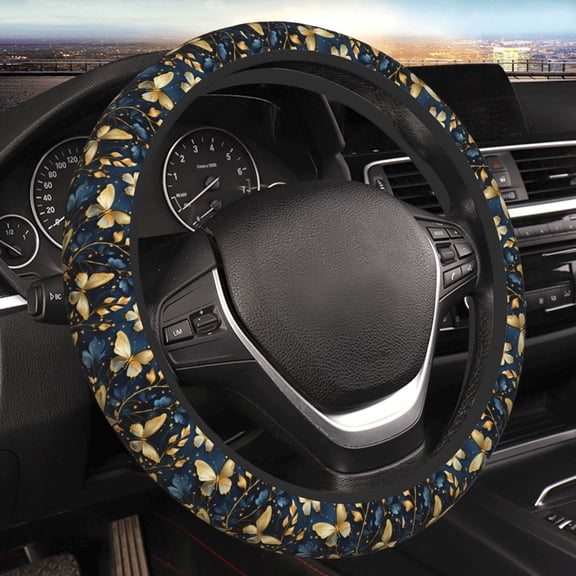 Steering Wheel Cover Anti-Slip Elastic Car Protective Universal 15 Inch Fit for Vehicles Auto SUVs , Gold Butterflies Vintage Butterfliy