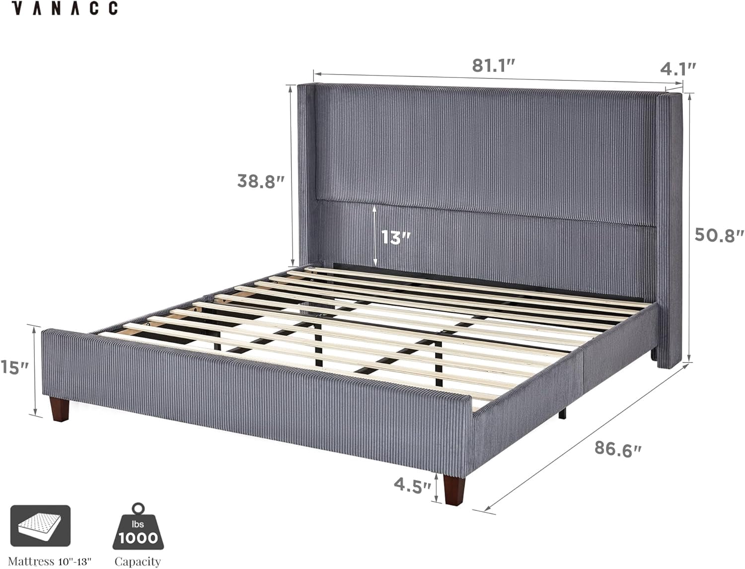 VanAcc King Size Platform Bed Frame, 50.8" Corduroy Upholstered Bed with Vertical Channel Tufted Headboard/Wooden Slats/Wingback, Grey