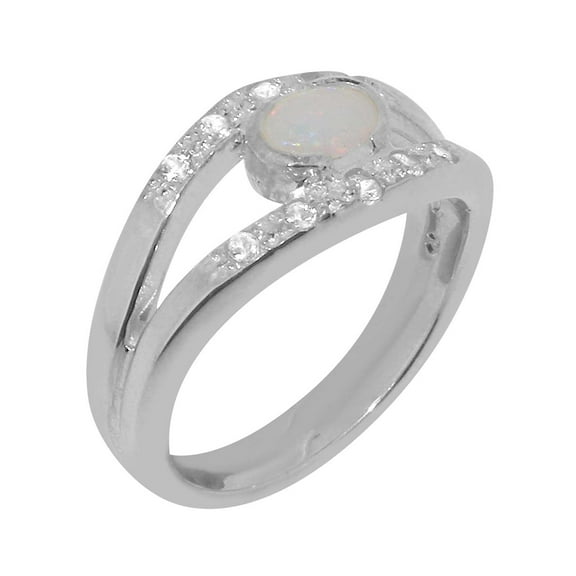 LBG British Made 925 Sterling Silver Natural Opal & Cubic Zirconia Womens Band Ring - 33 size options - Size 10