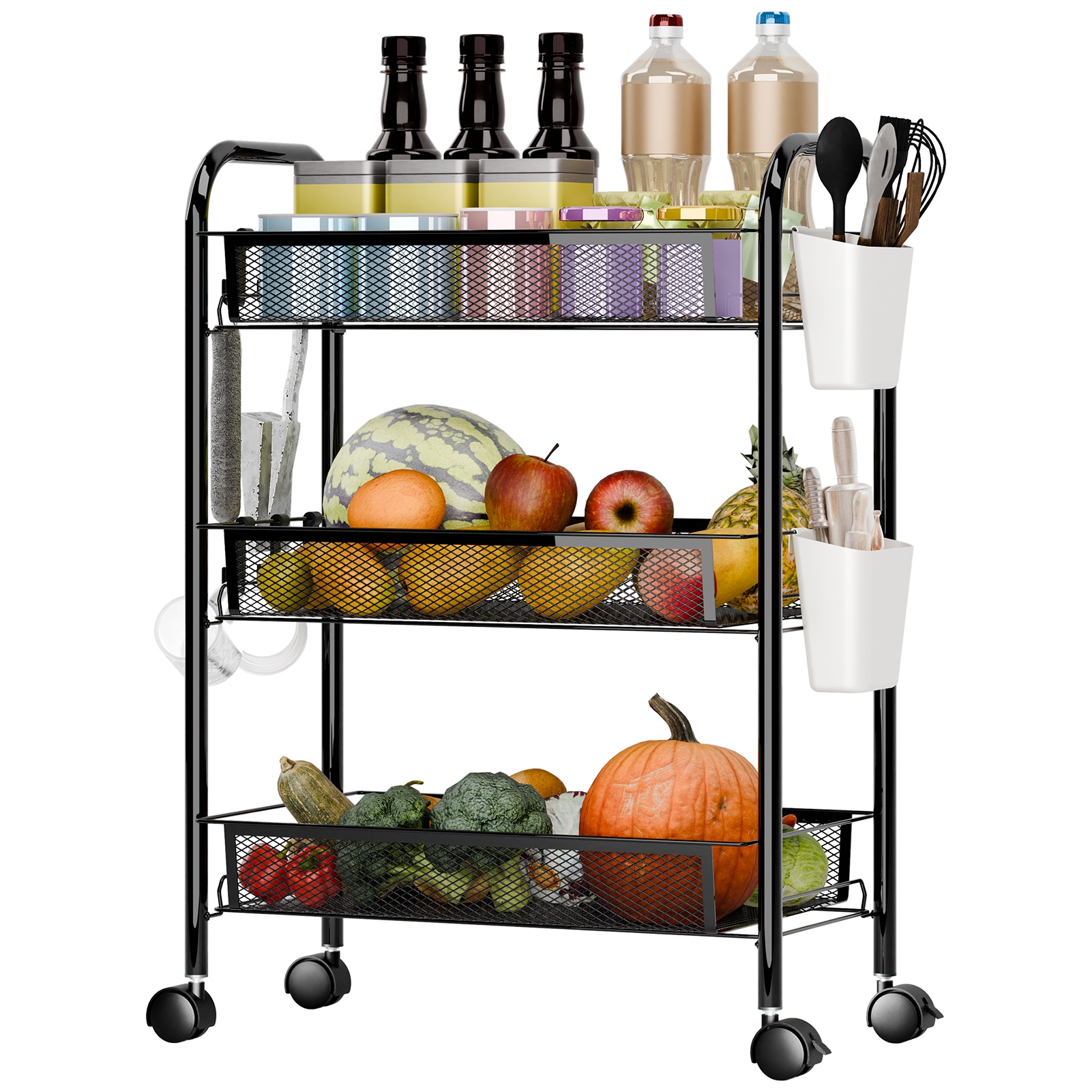 Fruit Vegetable Storage Basket, 5 Tier Stackable Metal Mesh Storage Basket with 360 Degree Wheels, Fruit Vegetable Produce Basket Storage Organizer for Kitchen, Pantry, Bathroom-3-Layers,Black