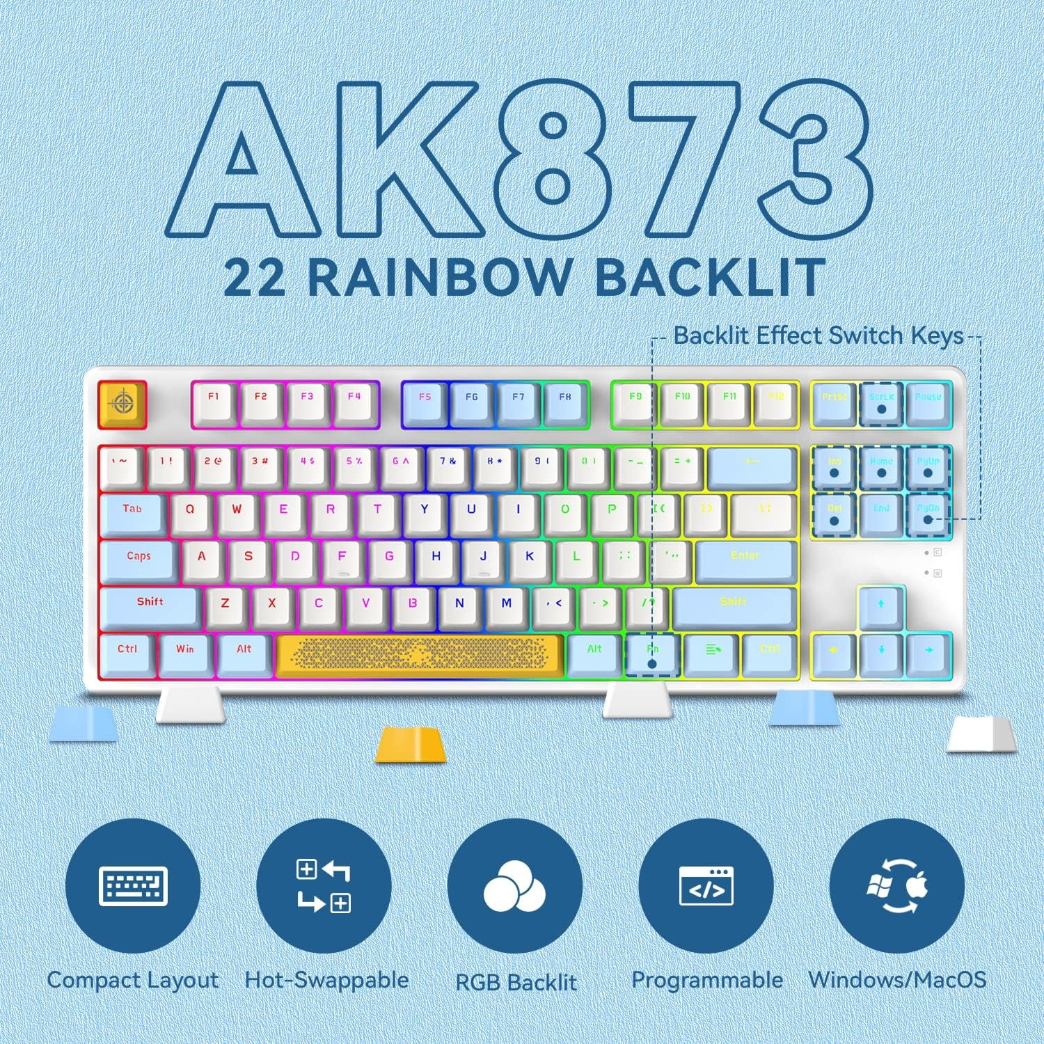 AK873 Gaming Keyboard,Chroma RGB Backlit,Hot-Swappable Blue Switch,PBT Keycap,75% TKL Layout,Ergonomic Mechanical Keyboard with Custom Coiled USB/Type-C Aviation Cable(Blue White)
