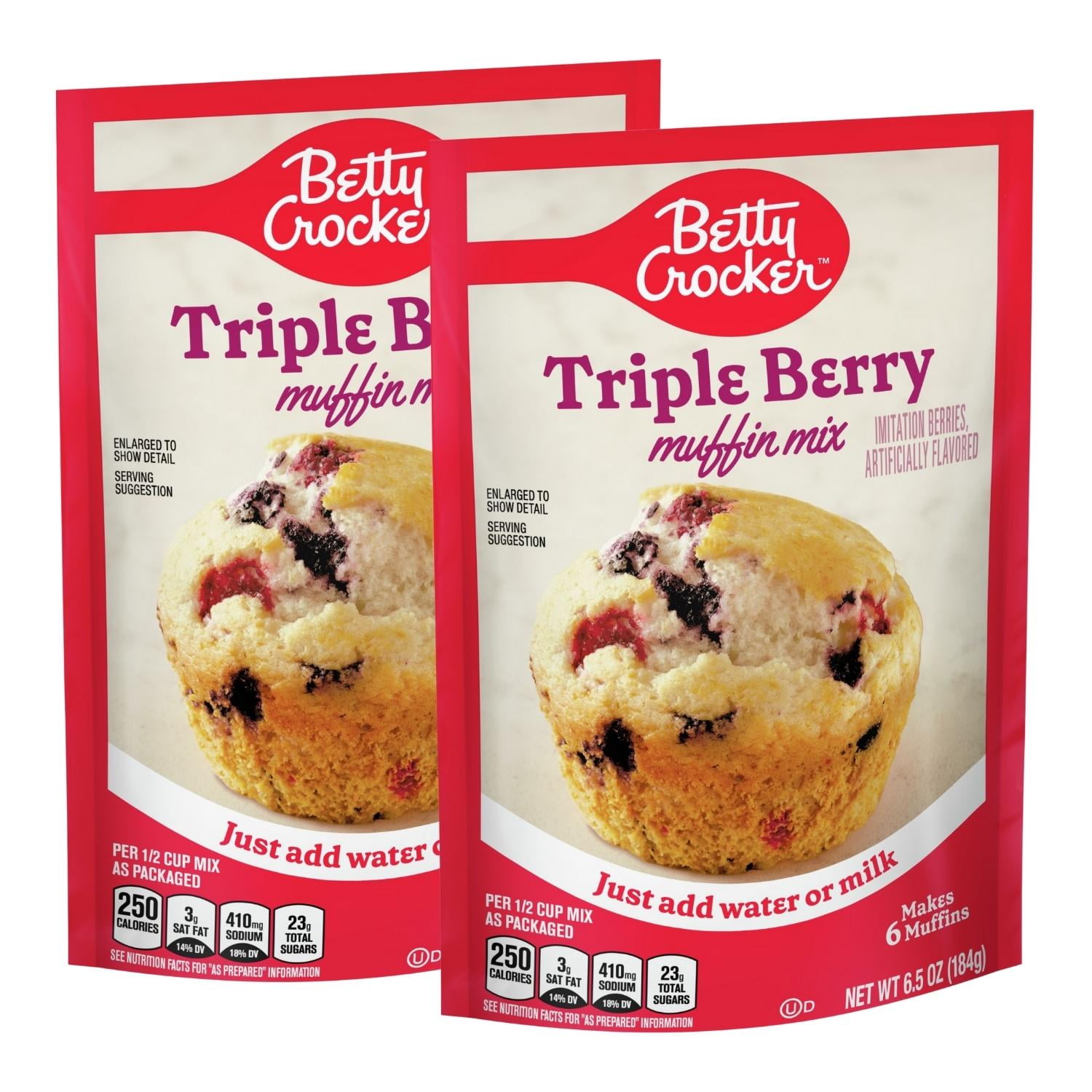 Betty Crocker Ready to Bake Triple Berry Muffin Mix, 6.5 oz Home Baked Muffins Great Meal Snacks or Even Desserts Pack of 2