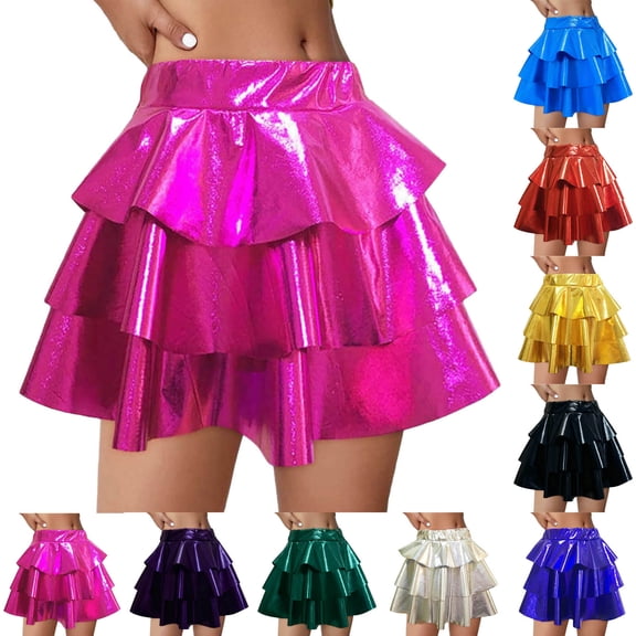 Posijego Girls Layer Metallic Skirts Tiered Ruffled Pleated Party Dance A- Line Skirt Elastic Waist Evening Performance