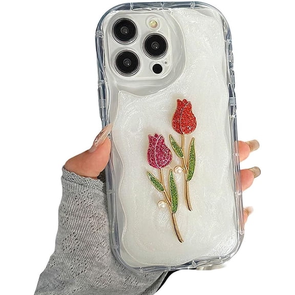 for iPhone Case,Cute 3D Diamend Rhinestone Tulip Pattern Camera Lens Protection Soft Shockproof Phone Case (White,iPhone 15 Plus)