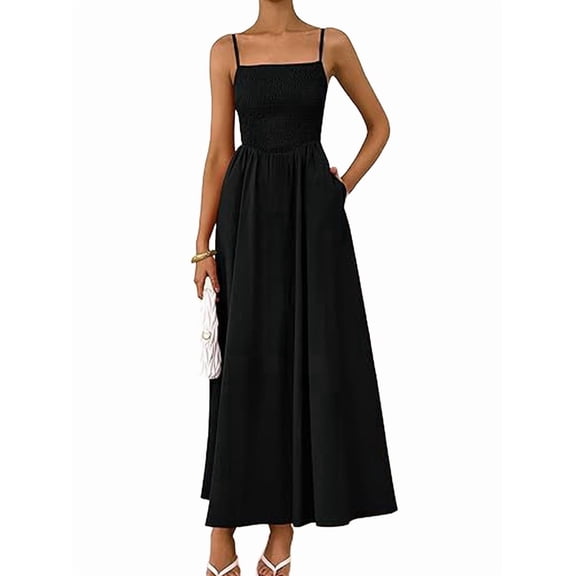 Women'S Summer Maxi Dresses Beach Sundress Casual Spaghetti Strap Smocked Swing A Line Long Flowy Dress Black XL