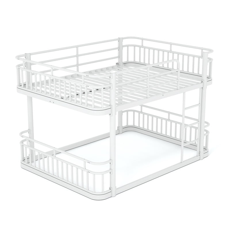 Queen over Queen Bunk Bed with Built-in Ladder & Safe Guardrails, Curved-Edge Sleek Metal Bed Frame with No Slat Floor Bed