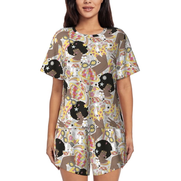 Fotbe Groovy Disco Conjunto de Pijama Estampado para Mujer, 2 Piezas, Ropa de Dormir con Camiseta de Manga Corta y Shorts Suaves-X-Large