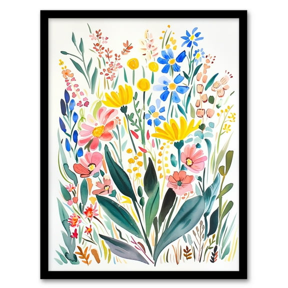 Artery8 Bright Spring Garden Flowers Floral Watercolour Living Room Art Print Framed Poster Wall Decor 12x16 inch