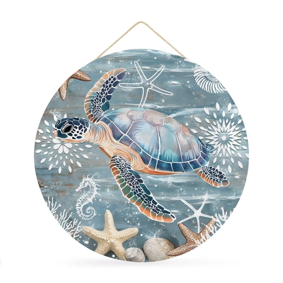 Round Welcome Sign for Front Door, Blue Turtle Coastal Hanging Metal Farmhouse Wall Decor for Porch Entryway, Summer Beach Nautical Starfish Coral Decoration for Holiday Housewarming Gift, 12 in
