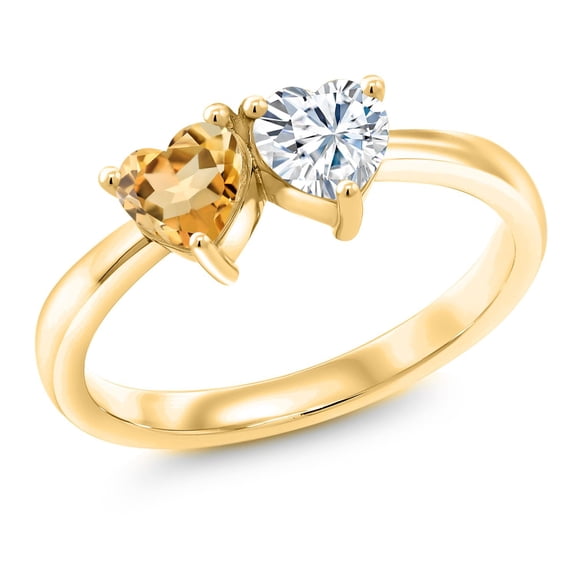 Gem Stone King 18K Yellow Gold Plated Silver Fashion Right-Hand Ring Heart Shape Yellow Citrine and Moissanite (0.88 Cttw, Size 5)
