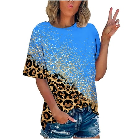 

Dianli Corset Tops For Women Leopard Print Tunic Round Neck Short Sleeve Summer T-Shirts Plus Size Loose Casual Blouses Tops Blue XL