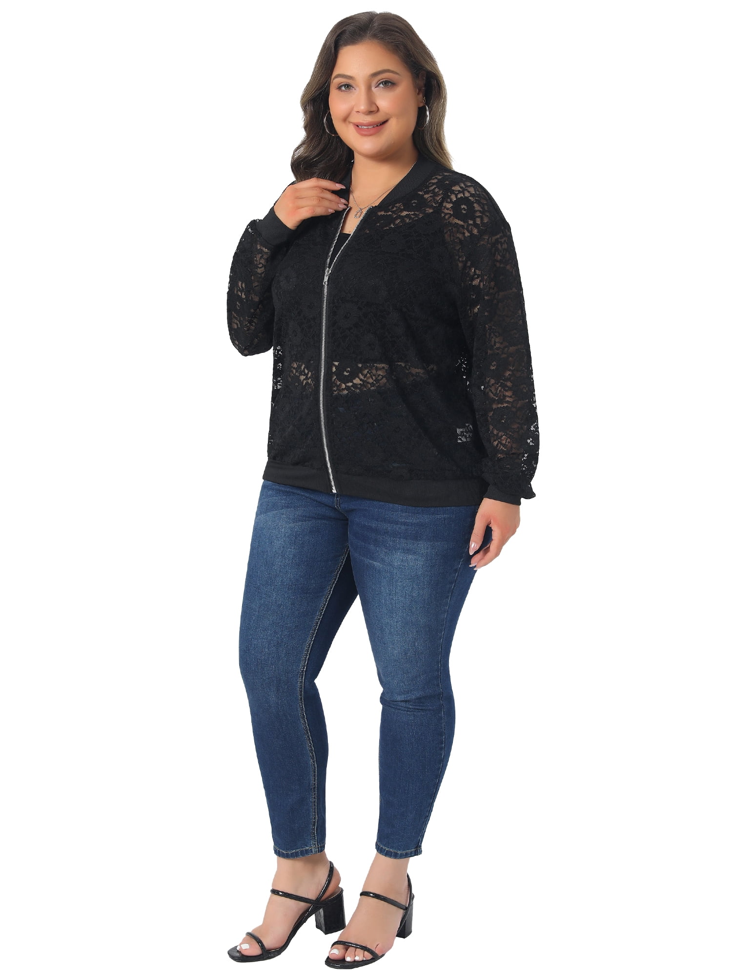 DARING DIVA Women's Plus Lace Zip Up Long Sleeve Lightweight 2X Black