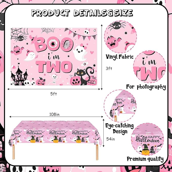 Halloween 2nd Birthday Decoration Girl Boo I’m Two Backdrop Cake Cupcake Topper Table Cloth Pink Black Halloween Foil Balloon Garland Arch Kit for Two Spooky 2 Years Old Birthday Decoration