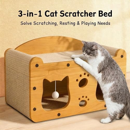 Cat Scratcher House, 2 in 1 Cat Bed and Cave with Hanging Ball Toys, Wooden Scratching Board for Kittens and Adult Cats