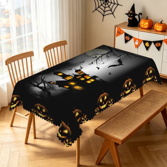 Nanqianyi 52x70 Inch Haunted House Pumpkin Halloween Tablecloth,Polyester Washable Table Cover for Holiday Family Party Decor
