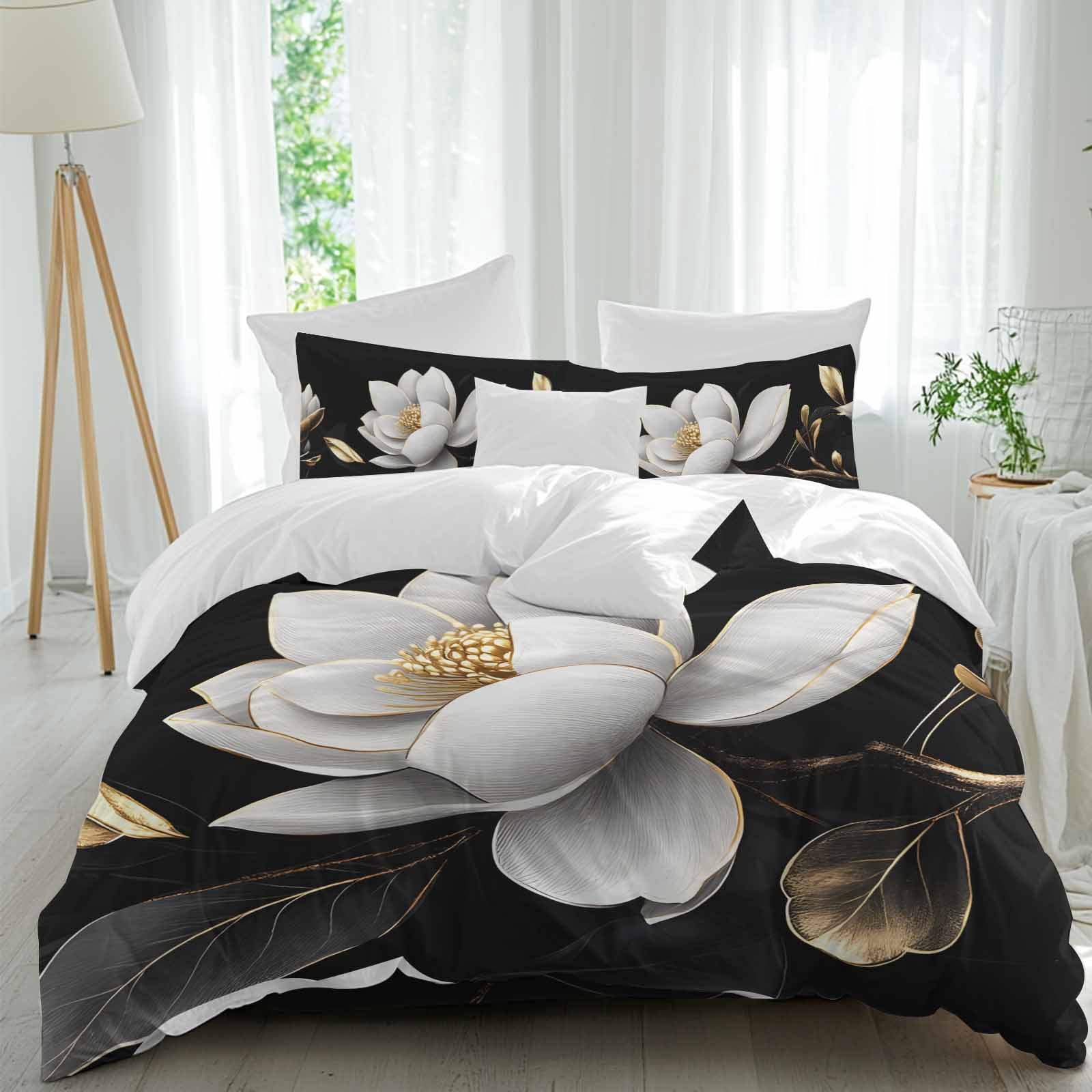 Gorgeous Flowers Duvet Cover Set, White Gold Floral Botanicals Black Soft Duvet Cover Queen Size Bedding Set 4 Pieces, 1 Quiltcover and 2 Pillowcases with Zipper, 1 Bed Sheet for All Seasons