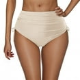 thumbnail image 1 of High Waisted Drawstring Pleated Swimsuit for Women, Nylon Spandex Blend, Removable Padded Bra, High Cut Leg, Solid Color, Beach Pool Swimming, 1 of 5
