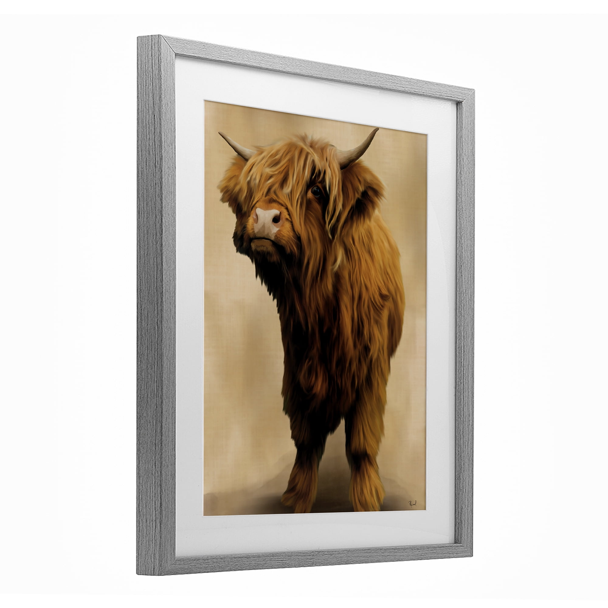 Stupell Industries Mini Highland Cow on Neutrals Gray Framed Print Under Glass, design by Renel Peters