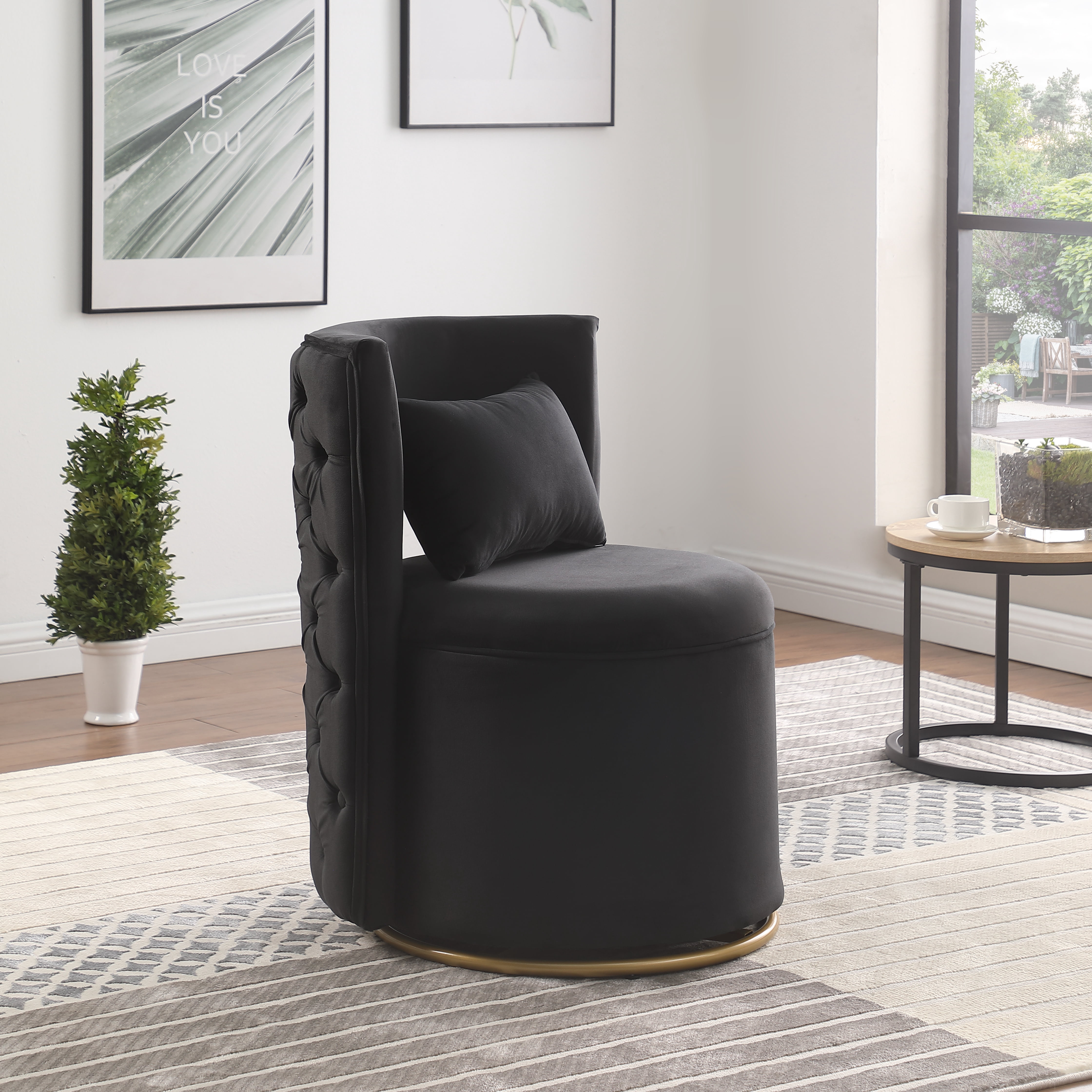 Leumius 360° Swivel Accent Chair with Storage,Velvet Curved Chair with Gold Metal Base for Living Room,Nursery,Bedroom-Black