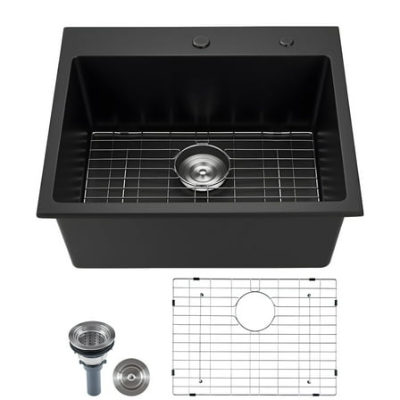 25 inch Granite Kitchen Sink Top Mount Single Bowl Drop-In - Black Composite RV Bar Sink