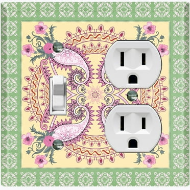Metal Light Switch Plate Cover Green Pink Floral Paisley Circular Tile Pattern TIL086