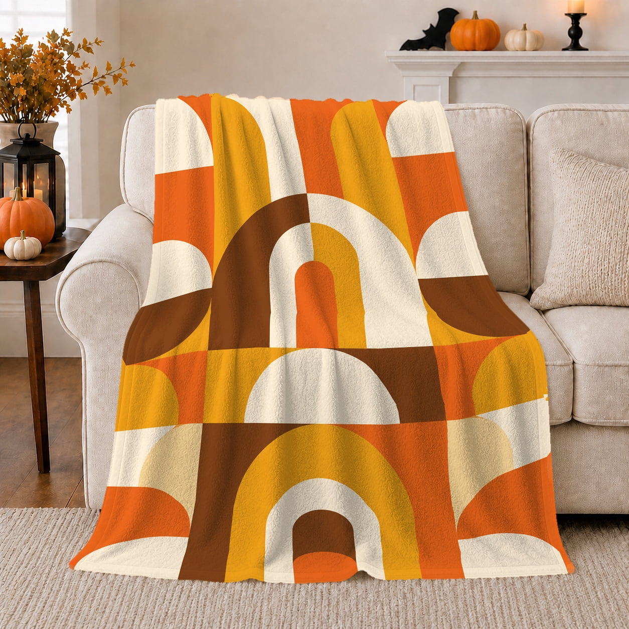 Retro Geometric Arches Autumn Tones Cozy Artistic Scene Warm Flannel Blanket for Home Library and Reading Nook Art Lovers Thanksgiving Gift Artistic Home Decor