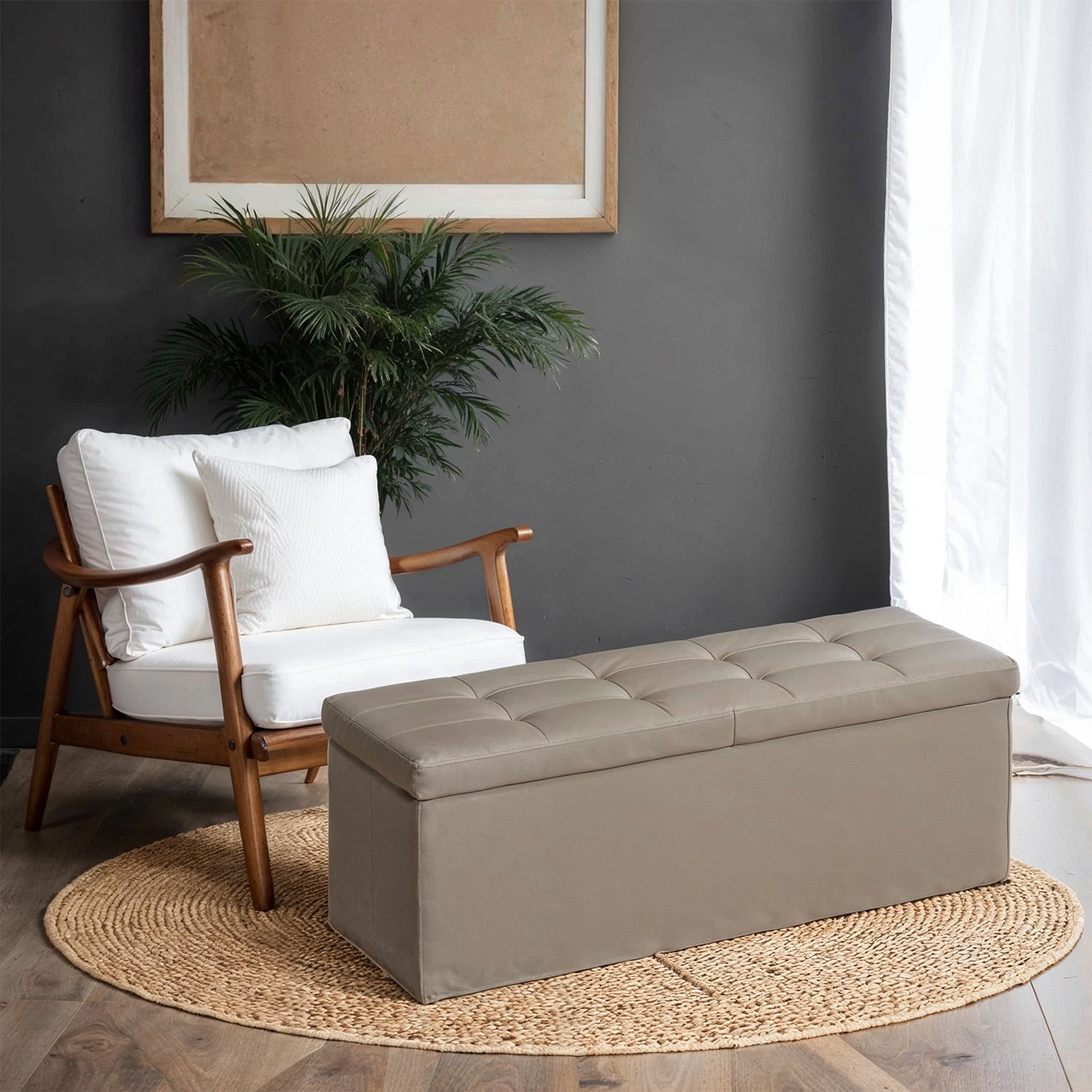 LEDREM Foding Storage Ottoman Bench, 43" Ottoman with Storage, 660lb Capacity, Footrest & Footstool, for Bedroom Living Room Camel Brown