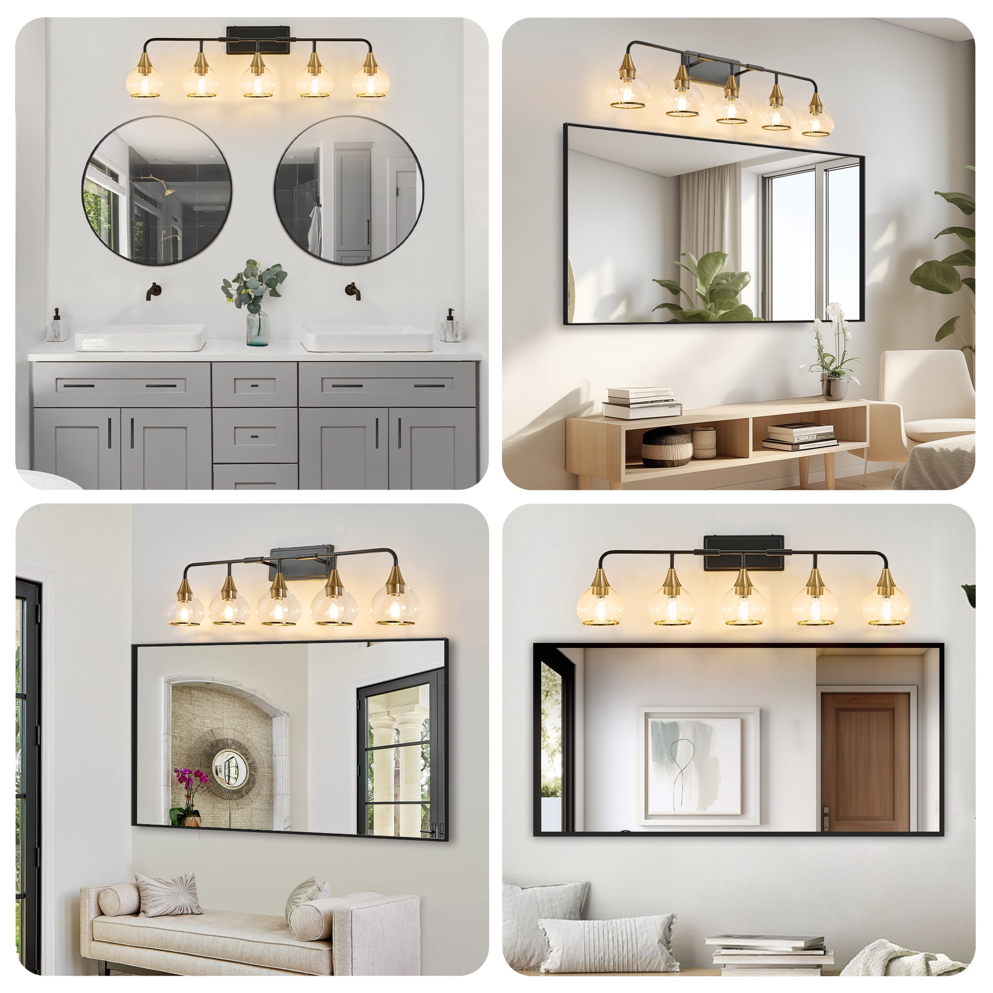 Matte Black and Gold bathroom 5 Light Bulbs Fixtures over mirror for Ceiling for House Toilet, bathroom and bedroom vanity