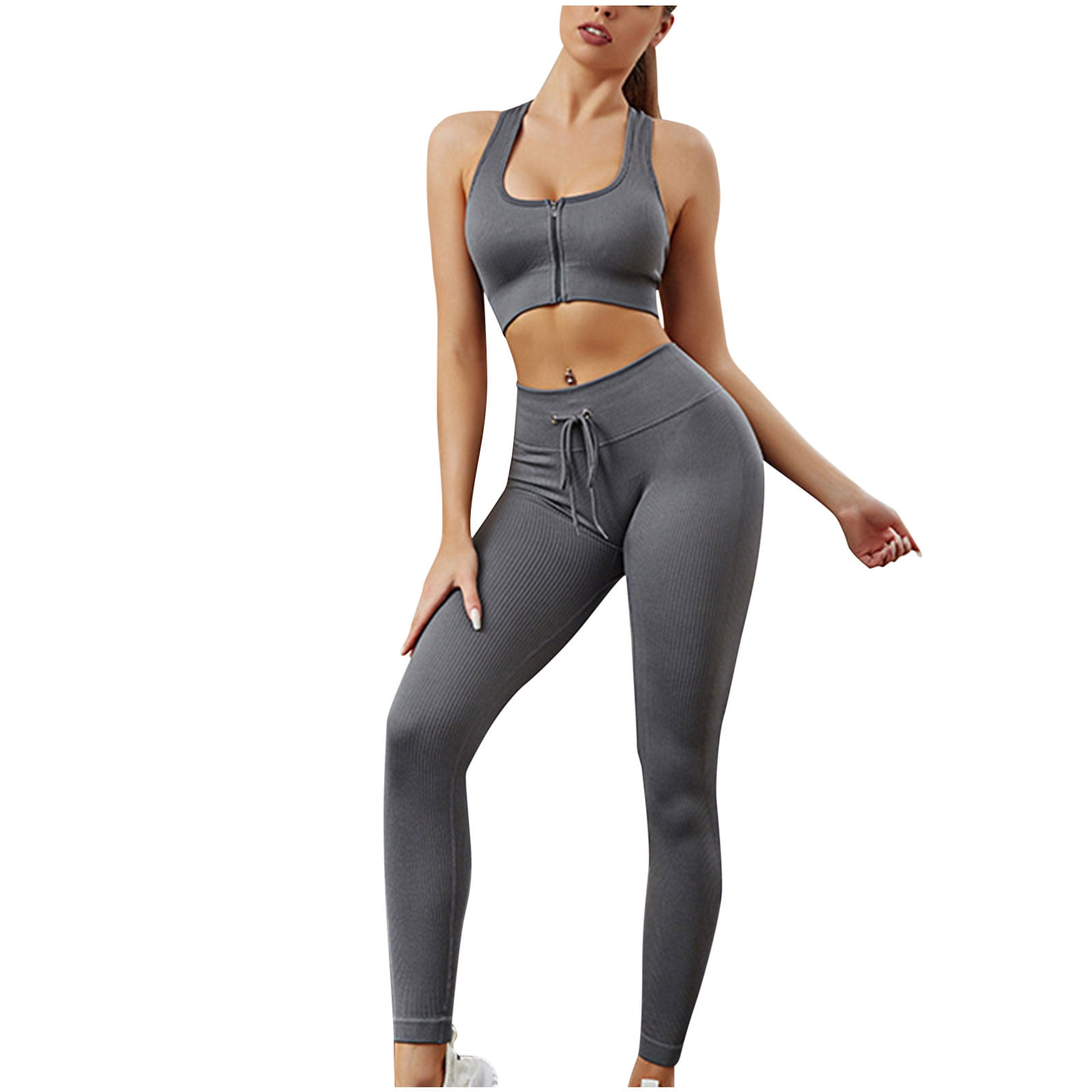 Workout Outfit for Women 2 Piece High Waist Drawstring Ribbed Leggings with  Zipper Sports Bra Gym Fitness Yoga Set Womens Clothes - Walmart.com
