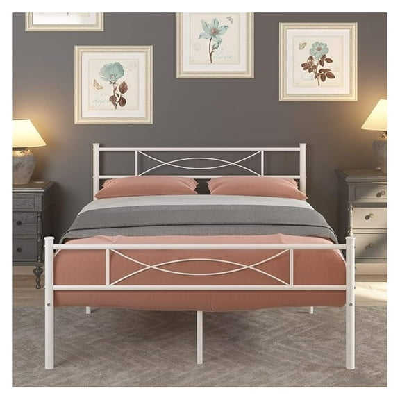 Full Size Bedframe Metal Bed Frame with Headboard and Footboard Mattress Foundation Support Platform Bed No Box Spring Needed, Popular Style White