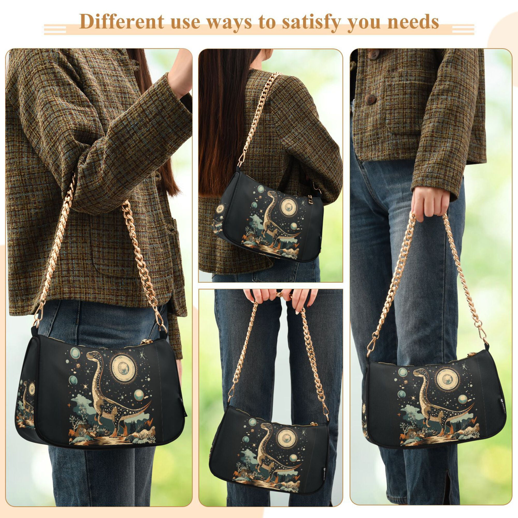 FORMRS Womens Shoulder Bag with Chain Strap Clutch Purse Cute Tote Handbag, Black Dinosaur