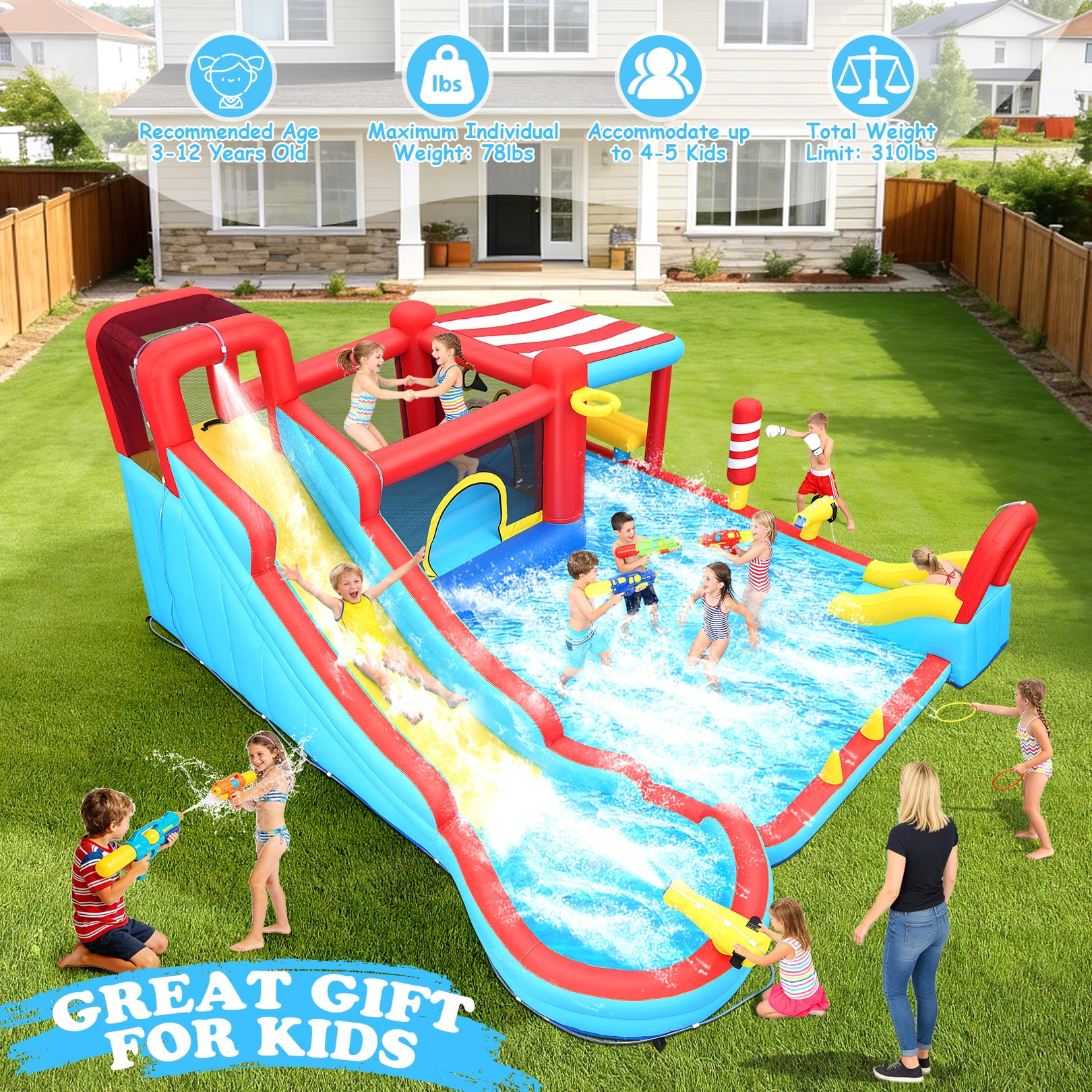 Veeboto Inflatable Water Slide with Dual Slides, Bounce House with Climbing Wall, Dual Ball Pools, Water Guns, Basketball Hoop and Punching Game, Indoor/Outdoor Kids Inflatable Castle with Blower