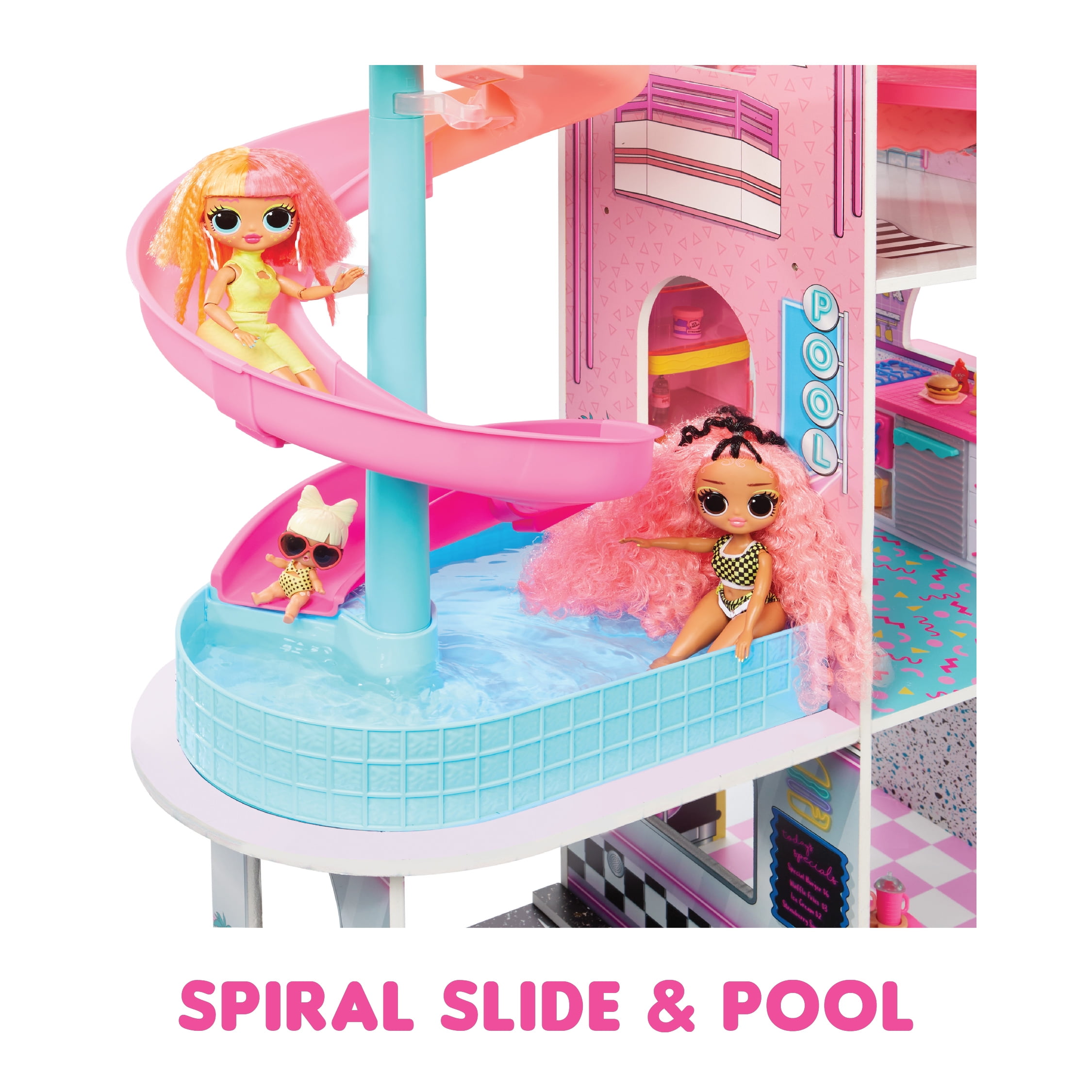  L.O.L. Surprise! OMG House of Surprises – Real Wood Dollhouse  with 85+ Surprises, 4 Floors, 10 Rooms, Elevator, Spiral Slide, Pool, Movie  Theater Drive Thru, Rooftop- Toy Gift for Girls Ages