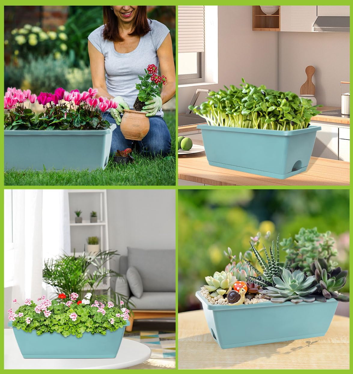 7-Pack Plastic Window Box Planters 17 Inch Rectangular Flower Pots with Saucers for Indoor Outdoor Garden Patio Home Decor