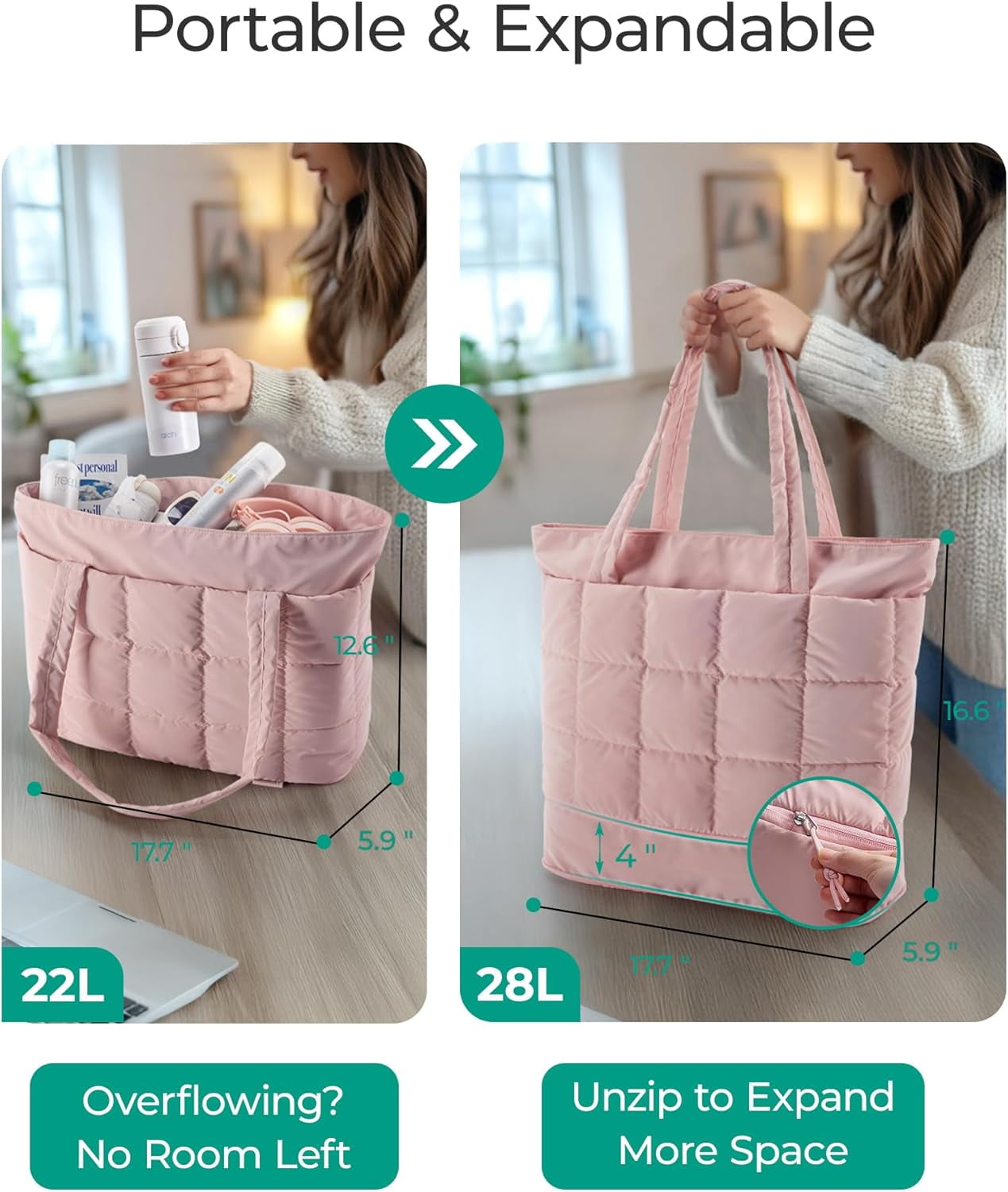 Omlopp Large Tote Bag for Women, Expandable Puffer Work Tote Handbag, Quilted Carry-On Travel Gym Bag-Light Pink