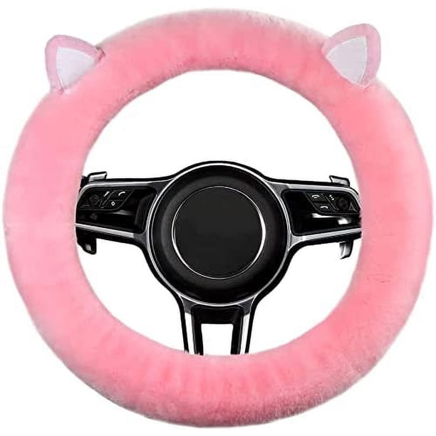 Funda para volante de coche (gato rosa), universal antideslizante para volante de coche de 13,5 a 16,5 pulgadas, estilo lindo, piel de oveja de lana real esponjosa para mujeres, hombres y niñas FOUNDA JM