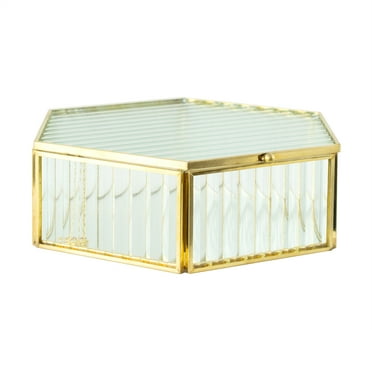 Home Decor Collection Hexagon Ribbed Clear Glass and Brass Hinged Top Jewelry Box