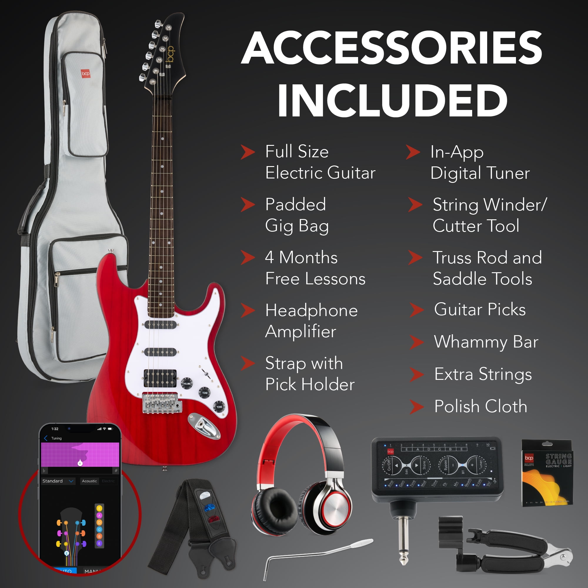 Best Choice Products Beginner HSS Electric Guitar Kit w/ Headphone Amp, Gig-Bag, Headphones - Cherry Red/White