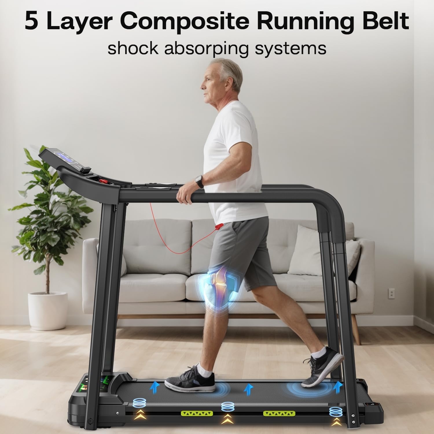 Walking Pad Treadmill for Seniors, Foldable with Safe Design, Large LED Display, Long Handrail for Balance