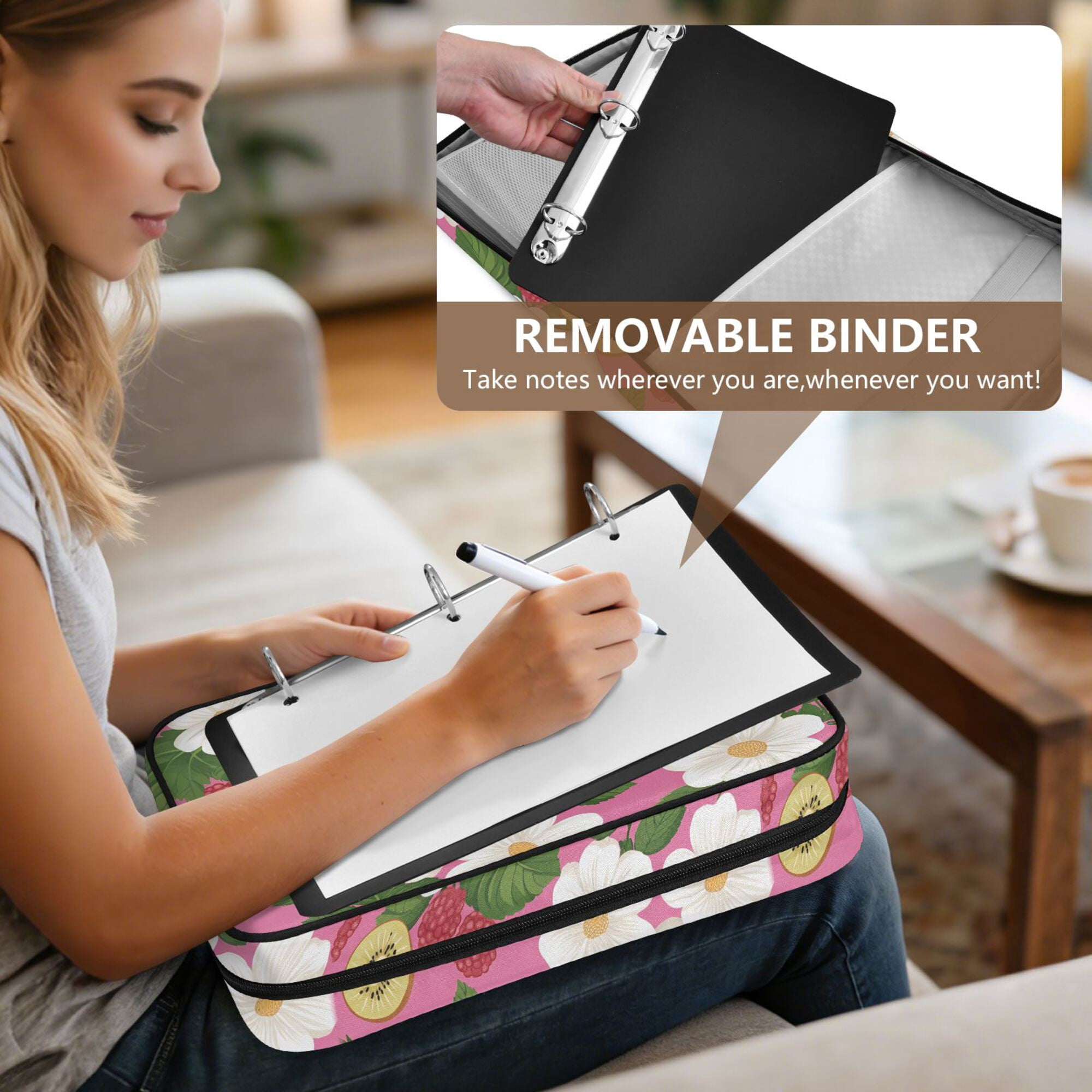 FORMRS Accordion File Folder A4 Size 7-Pocket Expanding Document Organizer Bag with 3 Ring Binder, White Flowers
